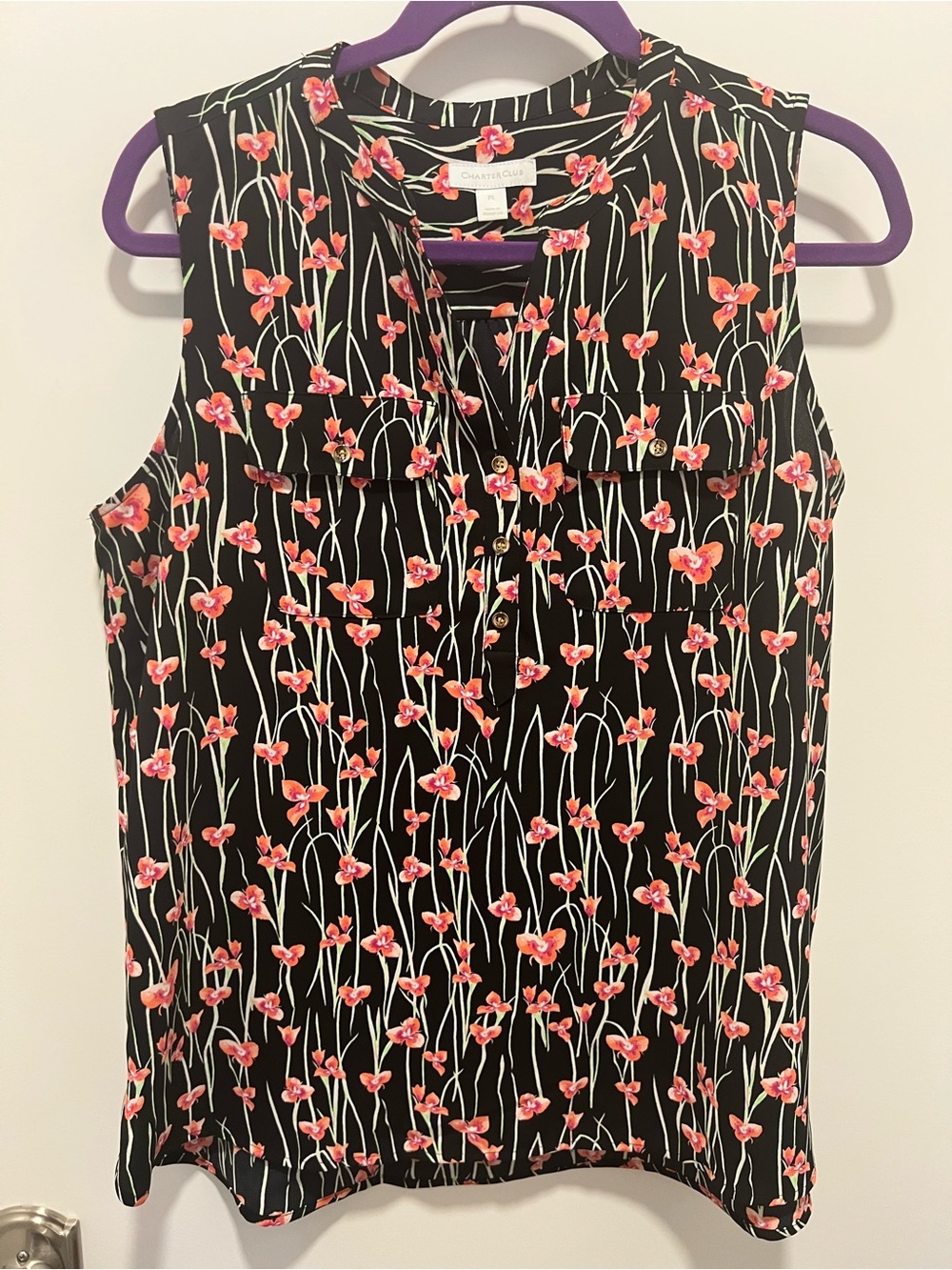 Charter Club Sleeveless Floral Button-Front Top - Black with Pink Orchid pattern